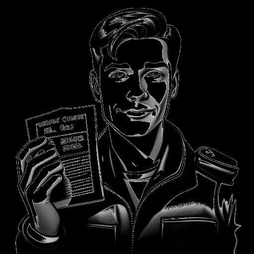 Desenho em arte linear de um jovem, representando Caleb Coffee, segurando um ingresso de cinema com um pôster de 'Snakes Eyes: G.I. Joe Origins' ao fundo.