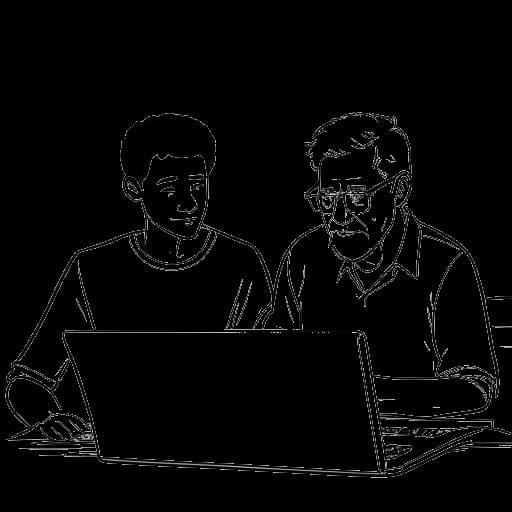 Desenho em arte linear de um jovem e um homem mais velho, representando Caleb Coffee e seu pai, assistindo vídeos juntos em um laptop.