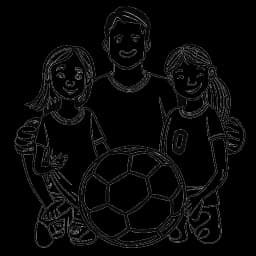 Strichzeichnung eines Familienvaters, der Will Ferrell darstellt, mit einem Fußballvereinswappen, begleitet von einer skandinavischen Frau und Kindern, die seine philanthropischen und künstlerischen Interessen darstellen, alles auf einer weißen Leinwand.