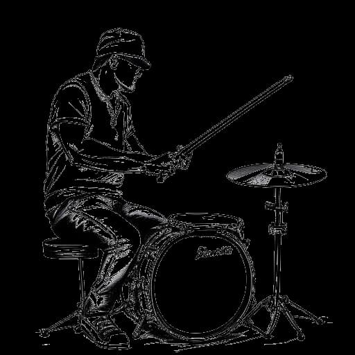 Line art drawing of Will Ferrell competing in a drum-off against Chad Smith