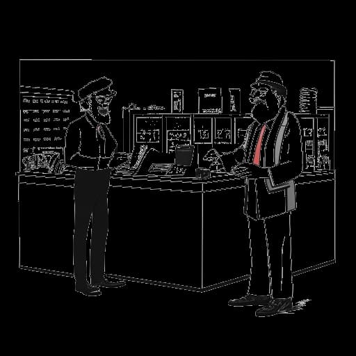 Line art drawing of Will Ferrell as a mall Santa Claus and as a bank teller