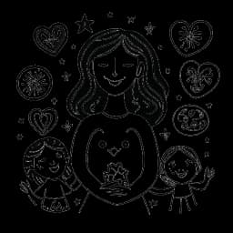 Strichzeichnung einer Frau, die Jasmin Wagner (Blümchen) darstellt, mit einem fürsorglichen Ausdruck, der mit Kindern Händchen hält. Das Bild integriert Symbole der Liebe, Großzügigkeit und Hoffnung, wie Herzen, Hände und Sterne. Es ist in Schwarz-Weiß vor einem weißen Hintergrund.