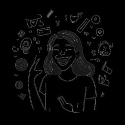 Disegno in stile line art di una donna, rappresentante Megan Guthrie, che ride circondata da icone di Instagram e TikTok, significando la felicità che prova nella sua vita.