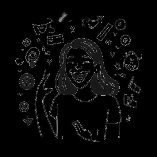 Disegno in stile line art di una donna, rappresentante Megan Guthrie, che ride circondata da icone di Instagram e TikTok, significando la felicità che prova nella sua vita.