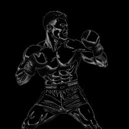 Line art drawing of Bryce Hall in a boxing ring, shirtless with boxing gloves, delivering a powerful punch to his opponent, showcasing determination, all against a white backdrop.