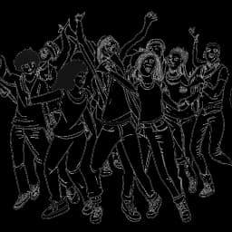 Line art drawing of Bryce Hall, accompanied by other content creators, energetically dancing and lip-syncing to popular songs, recorded by smartphone cameras, all against a white backdrop.