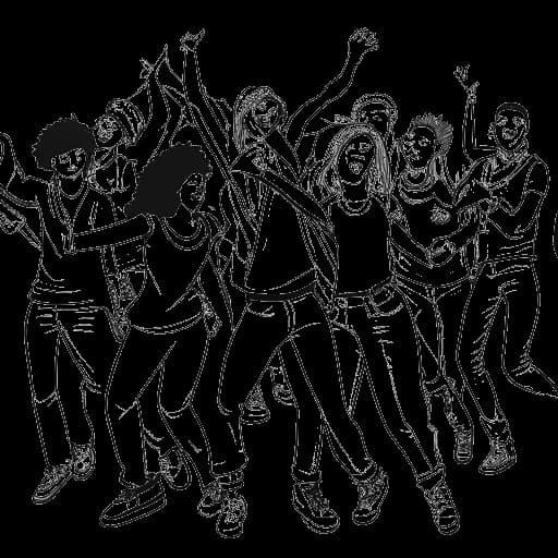 Line art drawing of Bryce Hall, accompanied by other content creators, energetically dancing and lip-syncing to popular songs, recorded by smartphone cameras, all against a white backdrop.