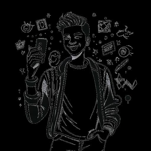 Desenho artístico de um homem representando Bryce Hall, com cabelo estilizado em traje casual da moda, segurando confiante um smartphone. Ao fundo, cifrões e ícones populares de redes sociais simbolizam seu sucesso financeiro e presença online.