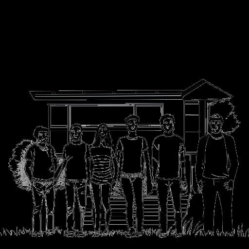 Desenho em arte linear de seis jovens adultos, incluindo Bryce Hall, posando na frente de uma casa contemporânea.