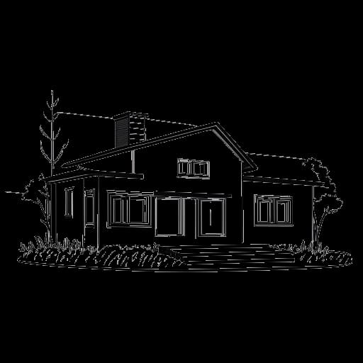 Desenho em arte linear de uma placa de 'À Venda' exibida em frente à Sway House.