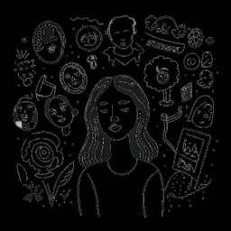 Eine minimalistische monochrome Zeichnung einer Person, die Boyinaband symbolisiert, die psychische Gesundheitsprobleme überwunden hat, vielfältige Talente auf verschiedenen Plattformen zeigt und bedeutende Begegnungen mit bekannten Persönlichkeiten hatte.