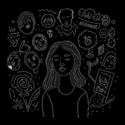Eine minimalistische monochrome Zeichnung einer Person, die Boyinaband symbolisiert, die psychische Gesundheitsprobleme überwunden hat, vielfältige Talente auf verschiedenen Plattformen zeigt und bedeutende Begegnungen mit bekannten Persönlichkeiten hatte.