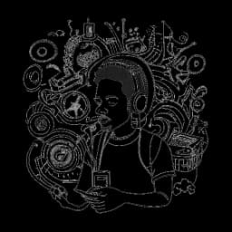 Eine Schwarz-Weiß-Illustration eines Mannes, der Boyinaband darstellt, der sich mit kreativen Tätigkeiten wie Musik und Technologie beschäftigt und seinen unkonventionellen Weg reflektiert.