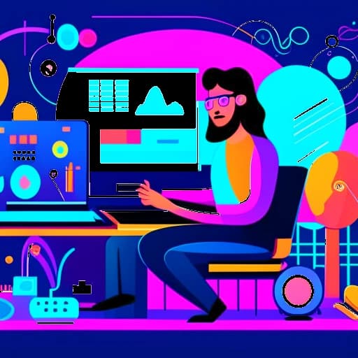 Uma ilustração cativante de um homem com cabelos longos no meio de instrumentos musicais, equipamentos de gravação e um laptop mostrando análises do YouTube. O pano de fundo incorpora seções temáticas representando suas atividades multifacetadas na música, jogos e criação de conteúdo educacional.