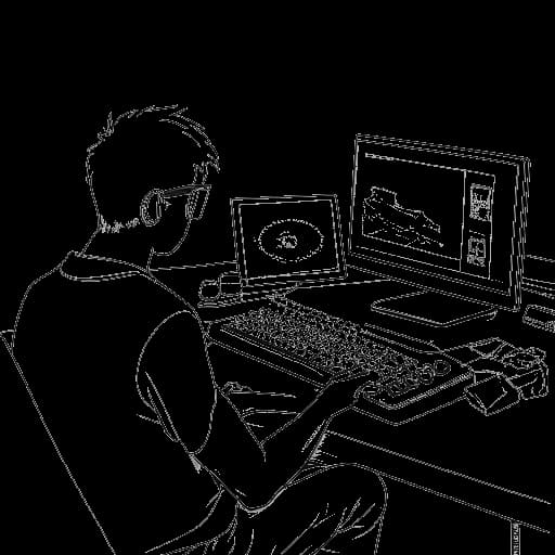 Desenho em arte linear de um homem representando Boyinaband, trabalhando em um computador, com um controle de jogo e um esboço de design ao seu lado.