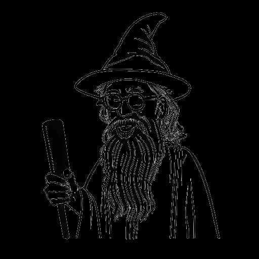 Desenho em arte linear de um homem representando Boyinaband, usando óculos e um chapéu de bruxo, segurando um microfone.