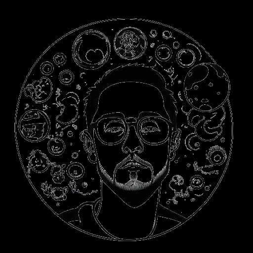 Desenho em arte linear de um homem representando Boyinaband, cercado por três balões de pensamento contendo os nomes e ícones representando Mike Shinoda, Klayton e Misha Mansoor.