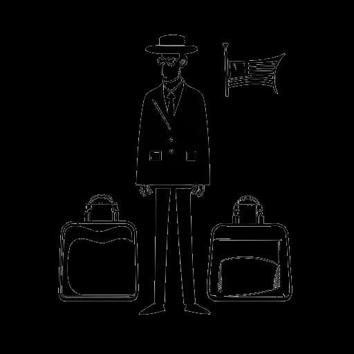 Desenho em arte linear de um homem representando Boyinaband, segurando uma mala, entre duas bandeiras simbolizando o Reino Unido e os Emirados Árabes Unidos.