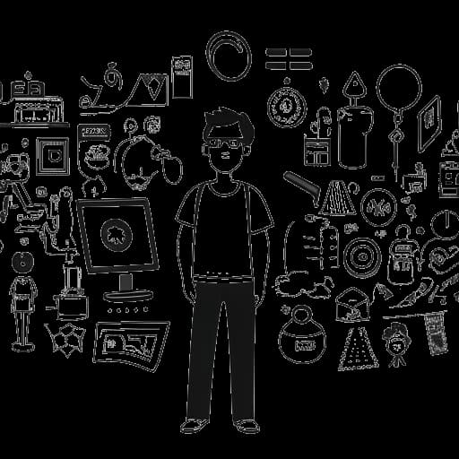 Desenho em arte linear de um homem representando Boyinaband, entre vários logotipos e ícones do YouTube.