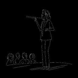 Lijntekening van een vrouw, die Alice Haruko Hasters vertegenwoordigt, zelfverzekerd op het podium een publiek toespreekt tegen een witte achtergrond.