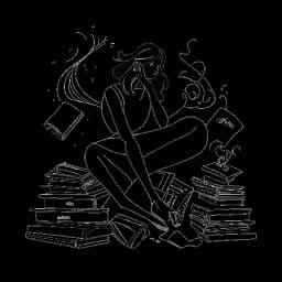 Lijntekening van een vrouw, die Alice Haruko Hasters vertegenwoordigt, in contemplatie, omringd door boeken en abstracte dansfiguren, op een witte achtergrond.