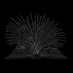 Lijntekening van een open boek, dat het werk van Alice Haruko Hasters vertegenwoordigt, met stralende woorden die de impact symboliseren, tegen een witte achtergrond.
