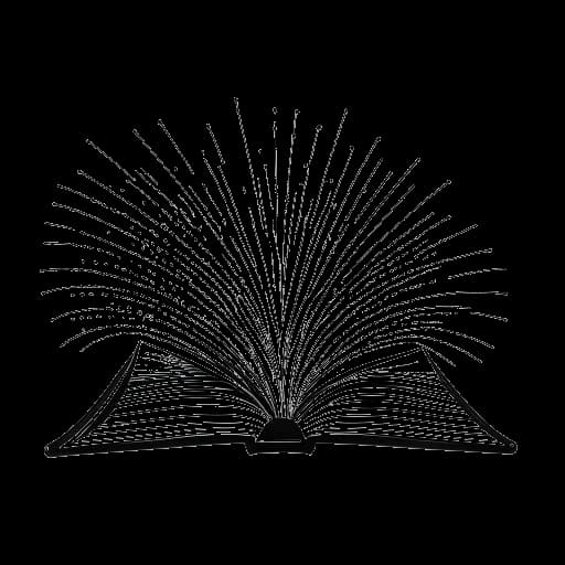 Lijntekening van een open boek, dat het werk van Alice Haruko Hasters vertegenwoordigt, met stralende woorden die de impact symboliseren, tegen een witte achtergrond.