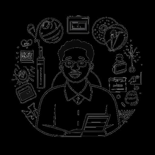 Un disegno in bianco e nero a linee di Alice Hasters, una giornalista e autrice di successo nota per il suo impegno contro il razzismo e la discriminazione. L'immagine presenta icone simboliche del giornalismo, un libro e un podcast, il tutto su sfondo bianco.