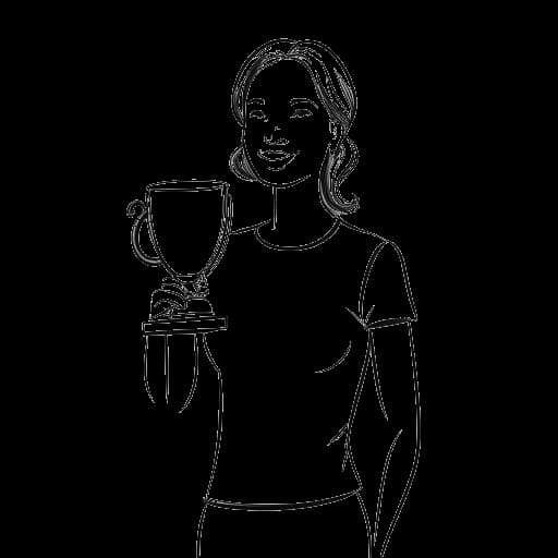 Disegno in stile line art di una figura che tiene in mano un trofeo, insieme a un blocco note e una matita, raffigurante il riconoscimento di Giornalista Culturale dell'Anno ricevuto da qualcuno che incarna Alice Hasters.