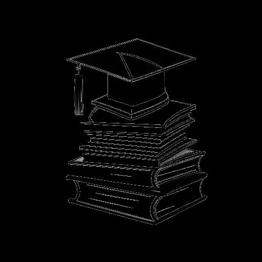 Disegno in stile line art di un cappello da laurea e un diploma appoggiati su un mucchio di libri, raffigurante i successi accademici di una figura rappresentante Alice Hasters presso l'Università dello Sport di Colonia e la Scuola Tedesca di Giornalismo.