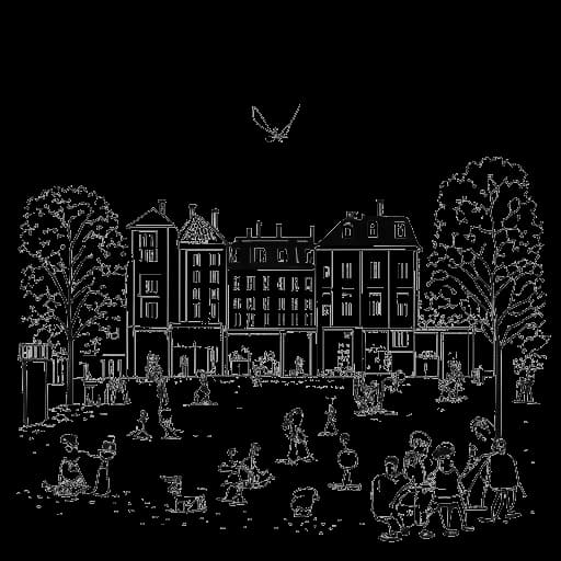 Disegno in stile line art che raffigura un gruppo di bambini di varie etnie che giocano in un parco, simboleggiando l'educazione multiculturale di una donna rappresentante Alice Hasters nel distretto di Nippes a Colonia.