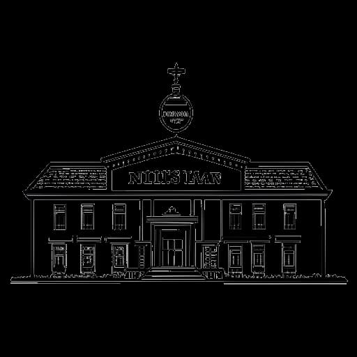 Disegno al tratto di un edificio scolastico con un distintivo da boy scout, che rappresenta l'alma mater di Kris Tyson