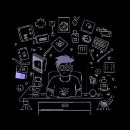 Strichzeichnung eines Mannes, der Trymacs symbolisiert, geschickt zwischen verschiedenen Spieleplattformen jongliert und seinen Erfolg als meistabonniertem Twitch-Streamer feiert.