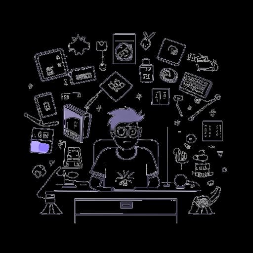 Strichzeichnung eines Mannes, der Trymacs symbolisiert, geschickt zwischen verschiedenen Spieleplattformen jongliert und seinen Erfolg als meistabonniertem Twitch-Streamer feiert.