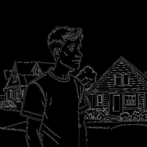 Strichzeichnung eines jungen Mannes, der Trymacs symbolisiert und seine schüchterne und nervöse Kindheit in einem Vorort darstellt.