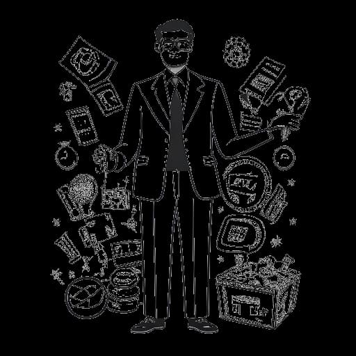 Strichzeichnung eines Mannes, der Trymacs darstellt und selbstbewusst eine Geldtasche in der Hand hält. Um ihn herum sind Symbole seiner verschiedenen Einnahmequellen und Investitionen gegen einen weißen Hintergrund zu sehen.