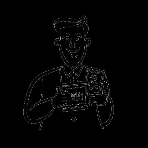 Strichzeichnung eines Mannes, der Trymacs darstellt, hält ein Buch mit der Beschriftung 'Wirtschaftspsychologie' und eine Kamera