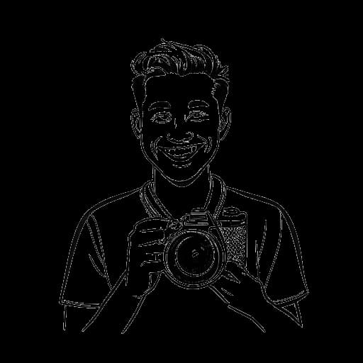 Strichzeichnung eines Mannes, der Trymacs darstellt, lächelt und hält eine Kamera