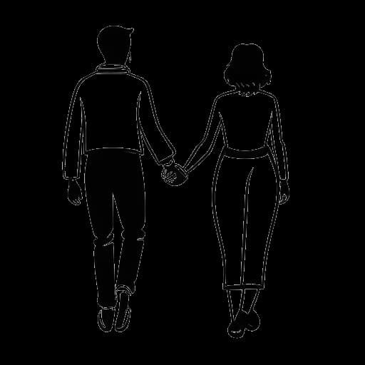 Strichzeichnung eines Mannes und einer Frau, die Trymacs und Celina Marie darstellen, halten Händchen