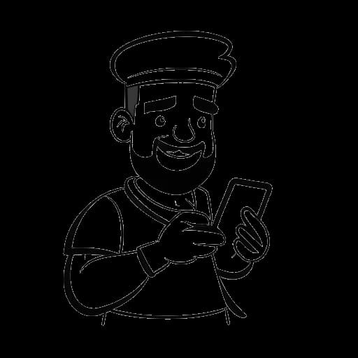 Strichzeichnung eines Mannes, der Trymacs darstellt, hält ein Mobiltelefon mit dem Spiel Clash Royale