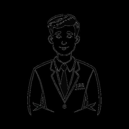 Strichzeichnung eines Mannes, der Trymacs darstellt, selbstbewusst mit einem 'Klassensprecher'-Abzeichen