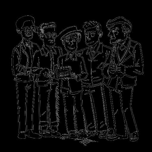 Strichzeichnung eines Mannes, der Trymacs darstellt, umgeben von drei anderen mit den Beschriftungen 'ClashGames', 'StanPlay' und 'Lichtle'