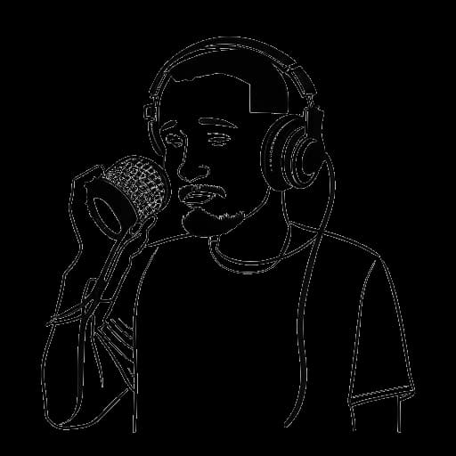 Strichzeichnung eines Mannes, der Trymacs darstellt, hält ein Mikrofon mit Kopfhörern mit der Beschriftung 'Offline + Ehrlich'