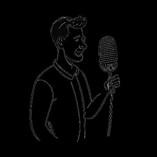 Strichzeichnung eines Mannes, der Trymacs darstellt, hält ein Mikrofon, mit einem durchgestrichenen Gemüse