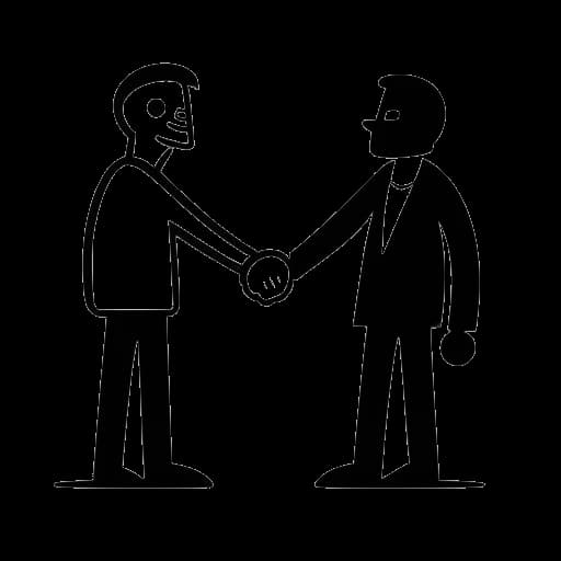 Strichzeichnung eines Mannes, der Trymacs darstellt, schüttelt Hände mit dem Supercell-Logo