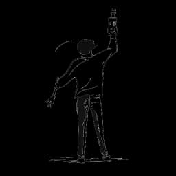 A man representing Ron Bielecki holding a 'Tornado' style bottle and being escorted by security at a concert venue, depicted in a one-line drawing, embodying his controversial moments, against a white background.