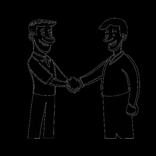 Strichzeichnung eines Mannes, der Ron Bielecki darstellt, der lächelt und Hände mit einem Fan schüttelt, im Hintergrund ein Sicherheitsbeamter