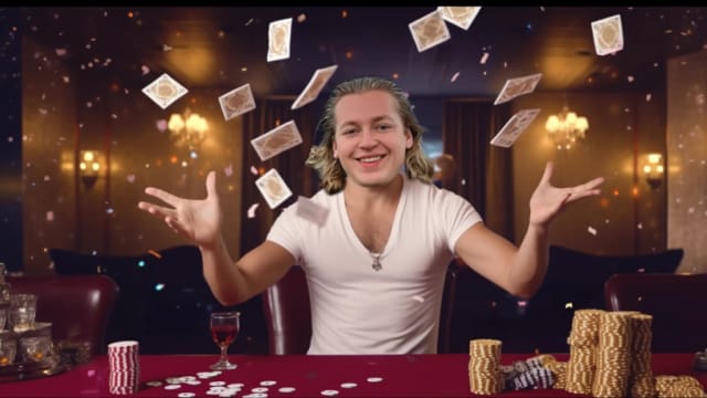 Ron Bielecki in a casino. Poker cards are flying around in the air.