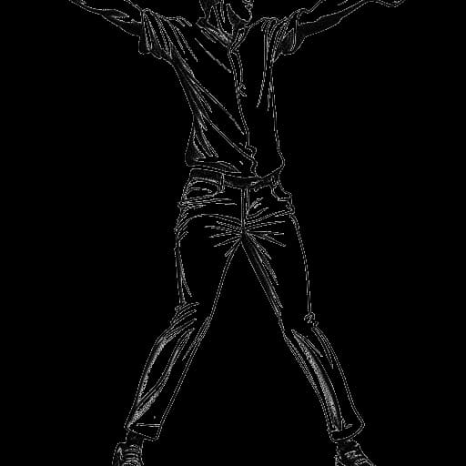 Line art drawing of a man with pseudoachondroplasia, representing Bushwick Bill, standing at 3 feet 8 inches tall. He is energetically performing as a dancer, defying expectations. The black and white illustration captures his charisma and larger-than-life presence, all against a white backdrop.