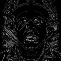 Line art drawing of Bushwick Bill, symbolizing resilience and determination. He stands tall, embodying the triumph over personal struggles. Musical notes and a film strip weave around him, representing his contributions as a rapper and actor. The black and white illustration captures his multi-faceted artistic journey, all against a white backdrop.